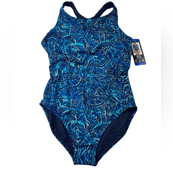 NWT TYR Blue One Piece Swimsuit Racerback Design Size Large - Picture 1 of 3